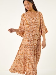 فستان ميدي بياقة على شكل حرف V وطبعة مجردة من Roman Petite - Image 4 of 5