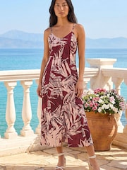 Roman Red Petite Leaf Print Button Midi Dress - Image 1 of 4
