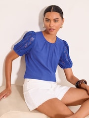 Lipsy Cobalt Blue Lace Sleeve Textured T-Shirt - Image 1 of 4