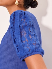 Lipsy Cobalt Blue Lace Sleeve Textured T-Shirt - Image 2 of 4