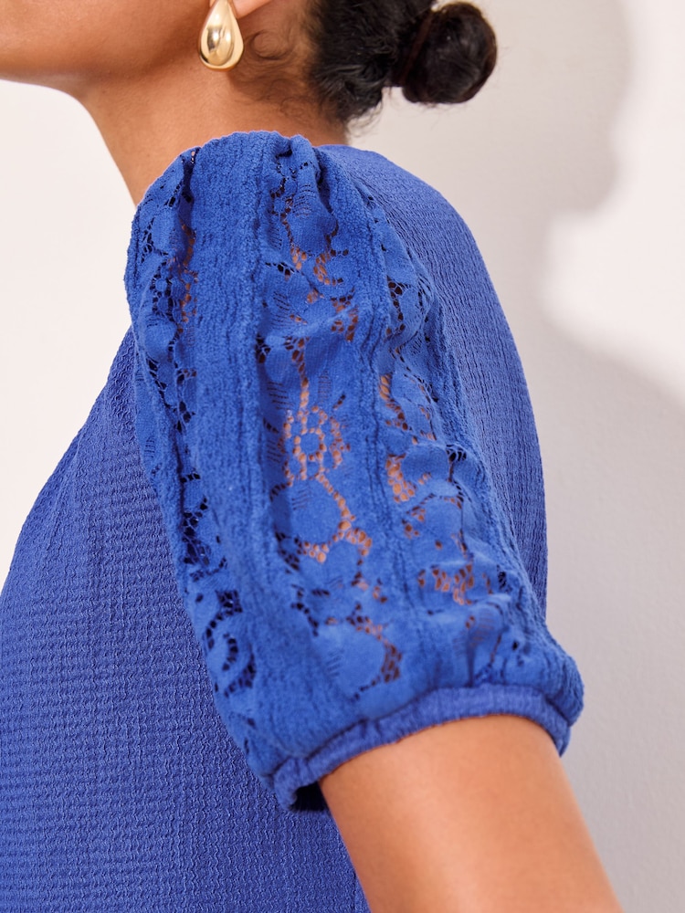 Lipsy Cobalt Blue Lace Sleeve Textured T-Shirt - Image 2 of 4