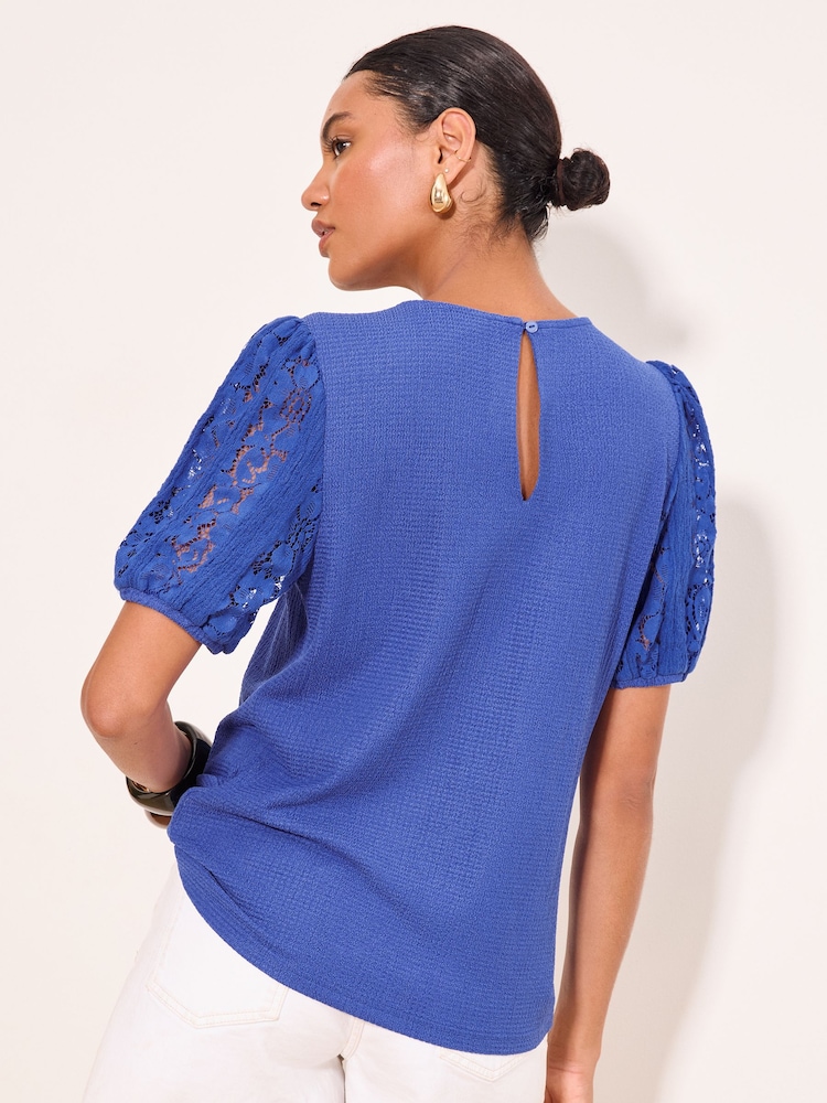 Lipsy Cobalt Blue Lace Sleeve Textured T-Shirt - Image 4 of 4