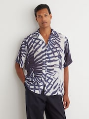 Reiss Navy/White Shindora Plissé Printed Cuban-Collar Shirt - Image 1 of 6