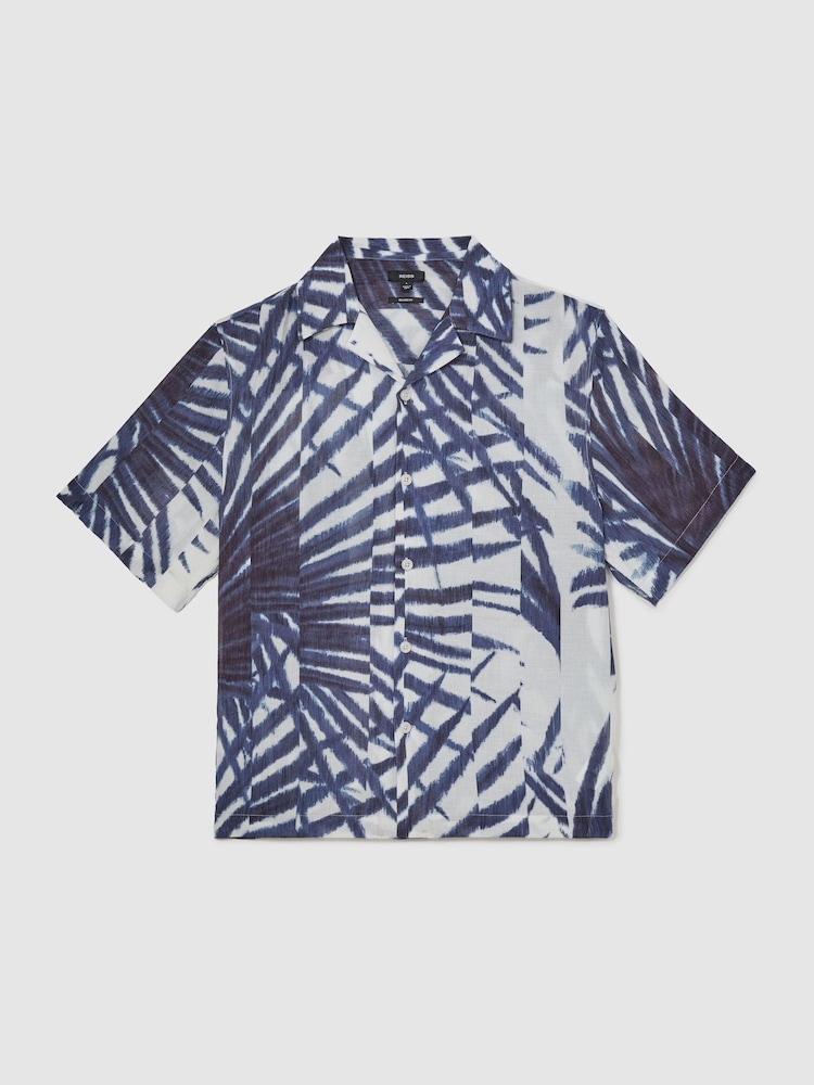 Reiss Navy/White Shindora Plissé Printed Cuban-Collar Shirt - Image 2 of 6