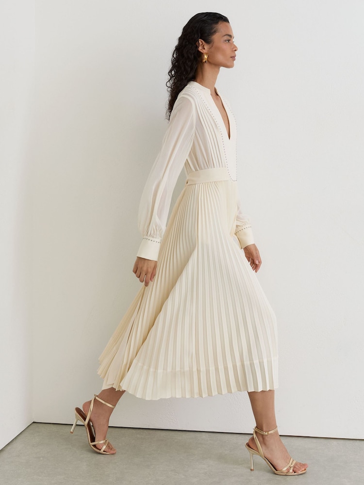 Reiss Cream Millie Stud-Detail Pleated Midi Dress - Image 1 of 7