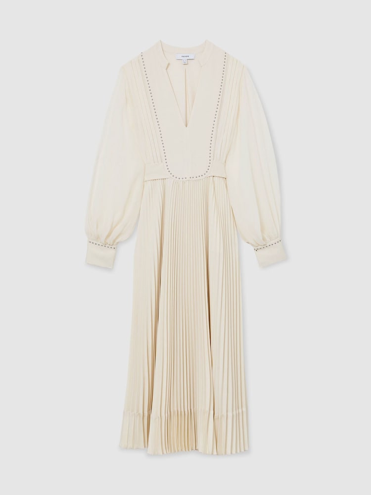 Reiss Cream Millie Stud-Detail Pleated Midi Dress - Image 2 of 7