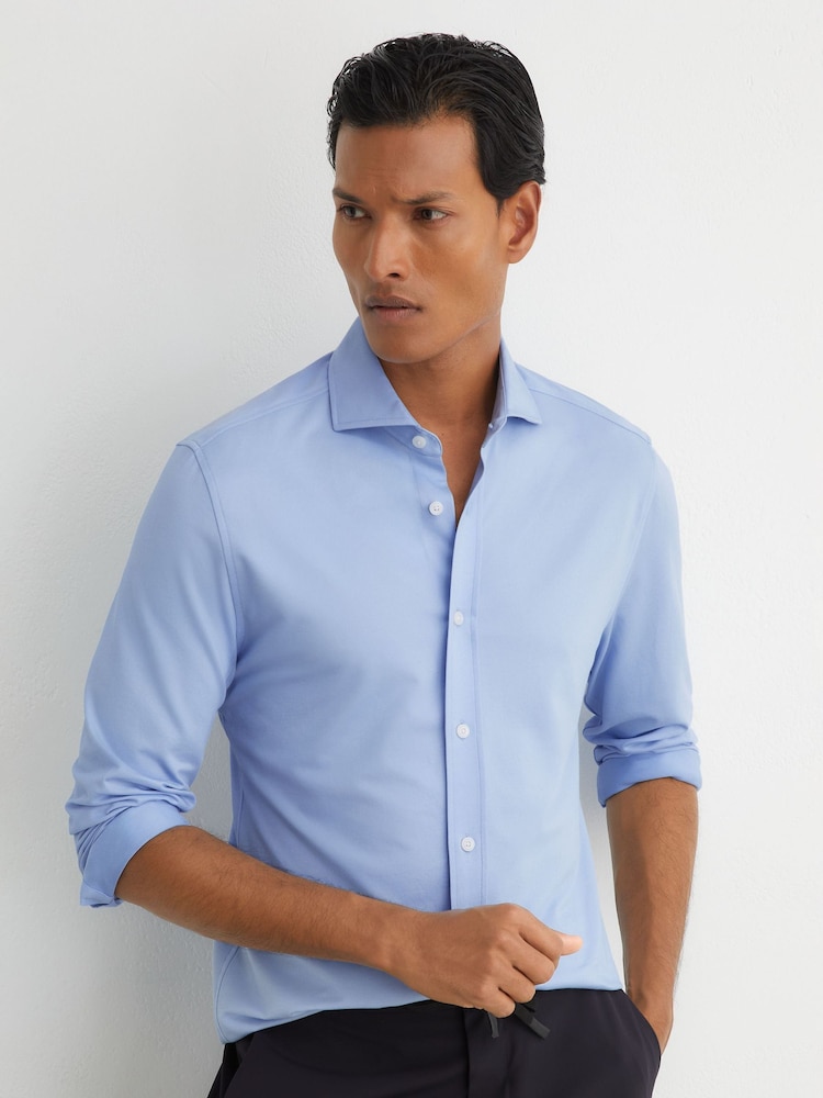 Reiss Soft Blue Monaco R-Flex Cotton-Blend Stretch Jersey Shirt Slim-Fit - Image 1 of 8 Reiss Soft Blue Monaco R-Flex Cotton-Blend Stretch Jersey Shirt Slim-Fit - Image 1 of 8