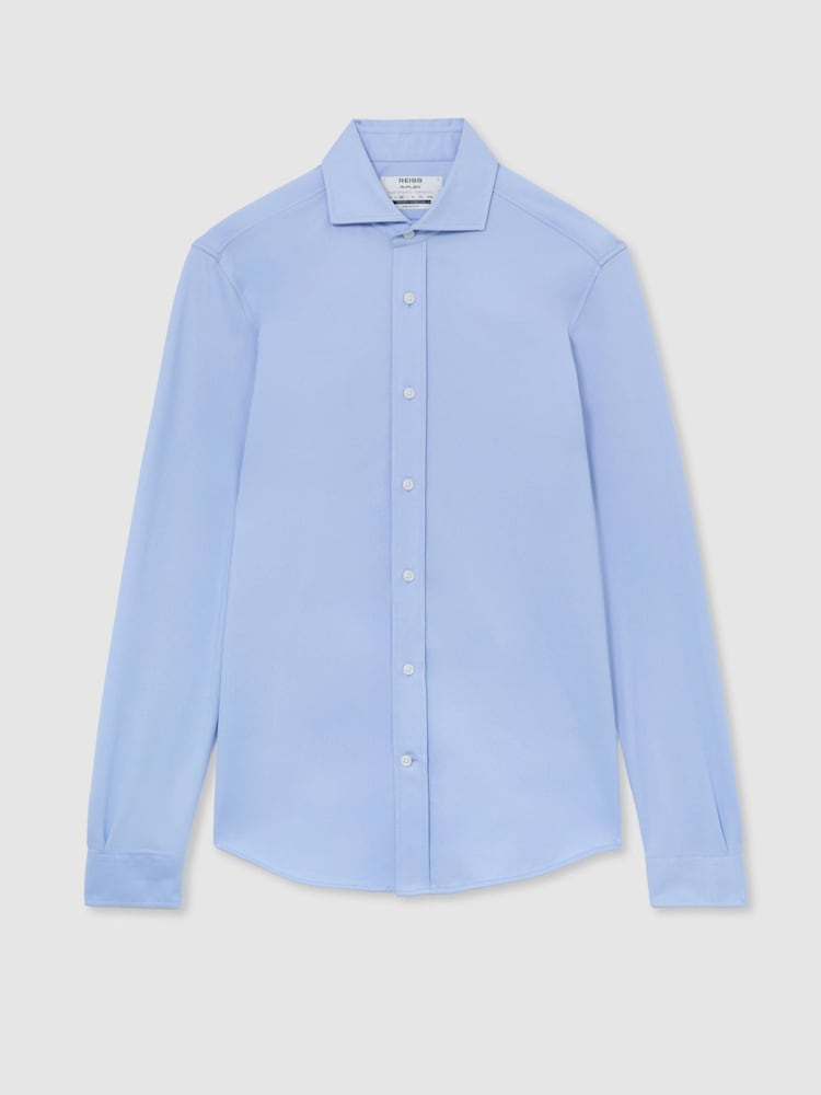 Reiss Soft Blue Monaco R-Flex Cotton-Blend Stretch Jersey Shirt Slim-Fit - Image 2 of 8 Reiss Soft Blue Monaco R-Flex Cotton-Blend Stretch Jersey Shirt Slim-Fit - Image 2 of 8