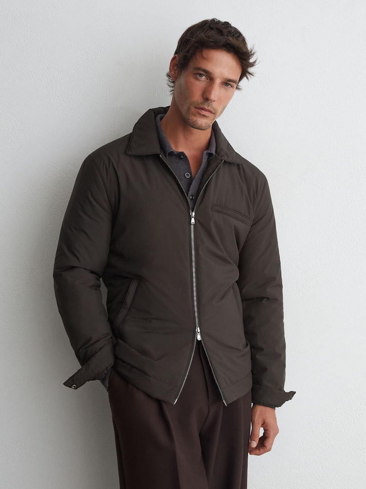 Reiss Dark Brown Bernardi Technical Padded Zip-Through Jacket - Image 1 of 8 Reiss Dark Brown Bernardi Technical Padded Zip-Through Jacket - Image 1 of 8