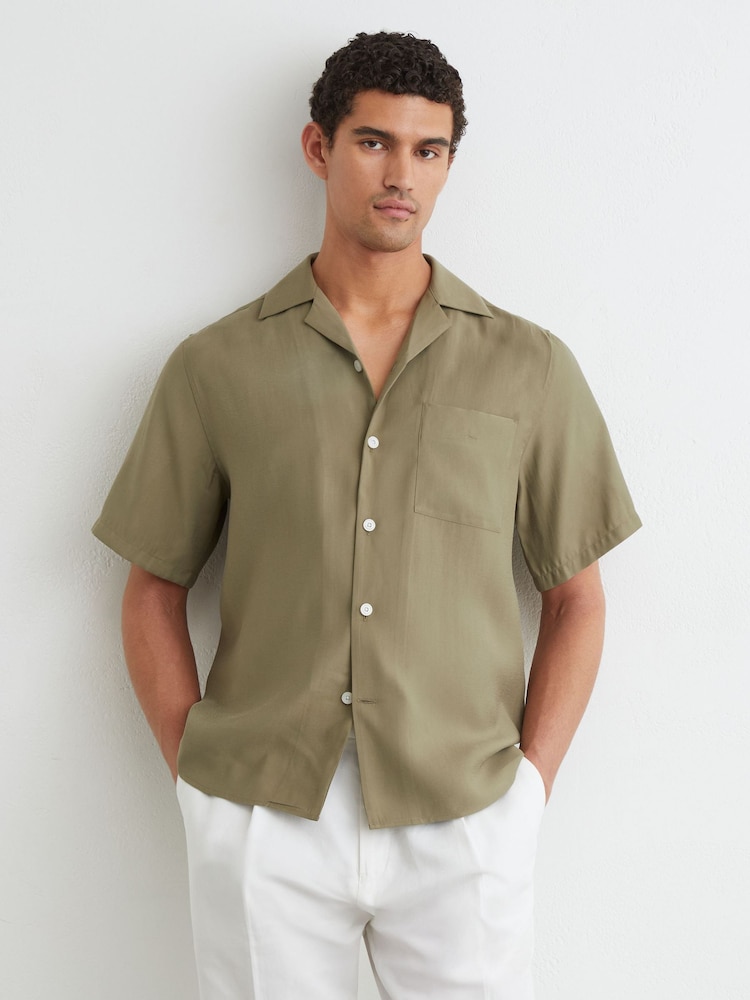 Reiss Sage Green Cosworth Modal-Blend Relaxed Cuban-Collar Shirt - Image 1 of 6 Reiss Sage Green Cosworth Modal-Blend Relaxed Cuban-Collar Shirt - Image 1 of 6