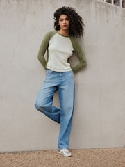 Зелений - Raglan Long Sleeve Washed Effect Raw Seam T-Shirt - Image 2 of 8