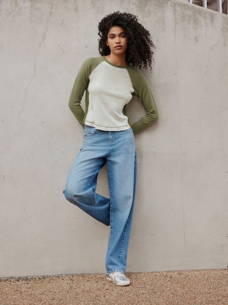 Зелений - Raglan Long Sleeve Washed Effect Raw Seam T-Shirt - Image 2 of 8
