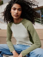 Зелений - Raglan Long Sleeve Washed Effect Raw Seam T-Shirt - Image 3 of 8