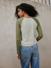 Зелений - Raglan Long Sleeve Washed Effect Raw Seam T-Shirt - Image 4 of 8