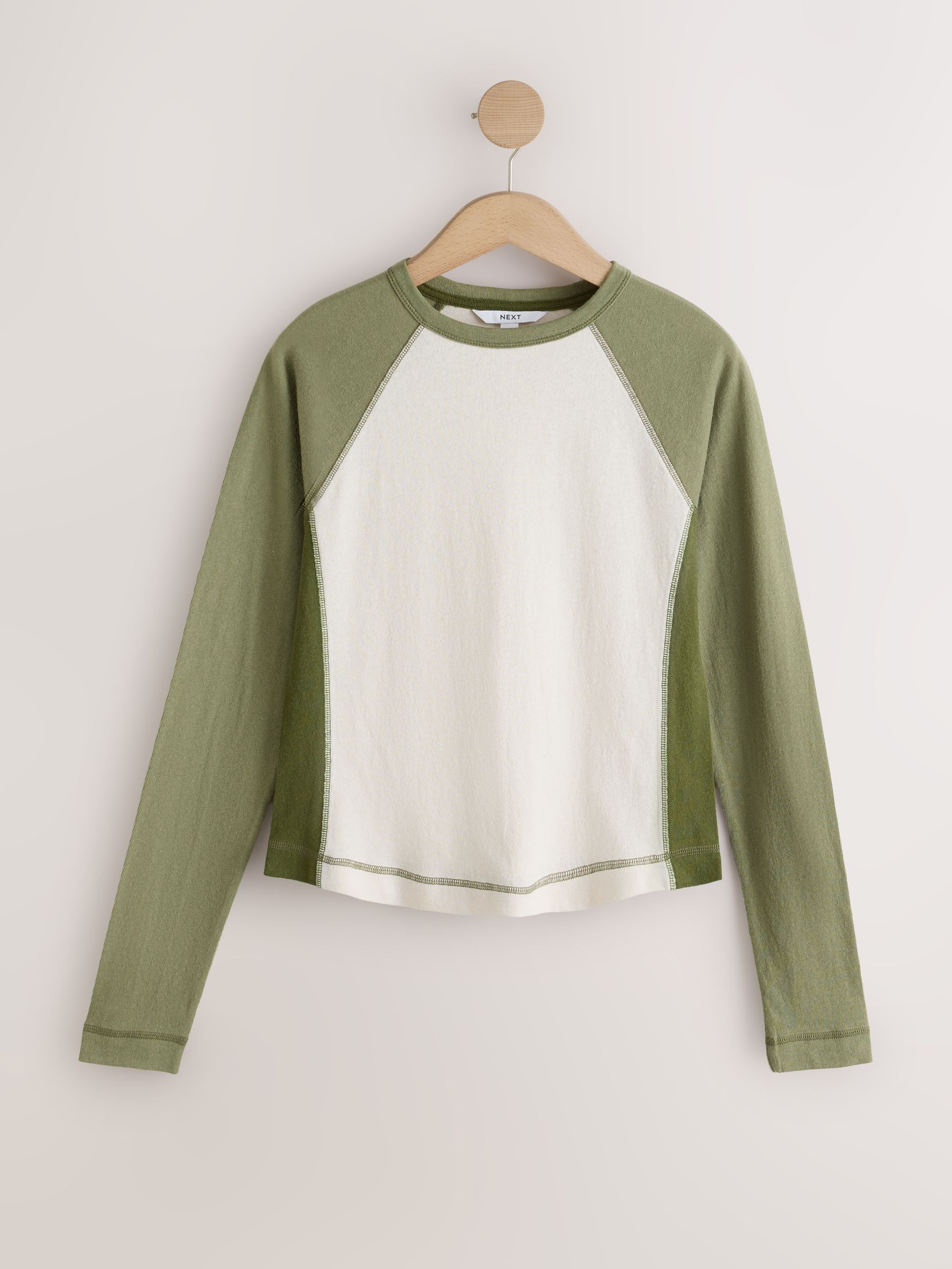 Buy Green Raglan Long Sleeve Washed Effect Raw Seam T-Shirt from
