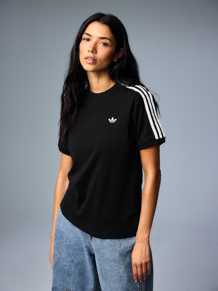 adidas Originals Black Lace 3-Stripes T-Shirt - Image 1 of 9 adidas Originals Black Lace 3-Stripes T-Shirt - Image 1 of 9