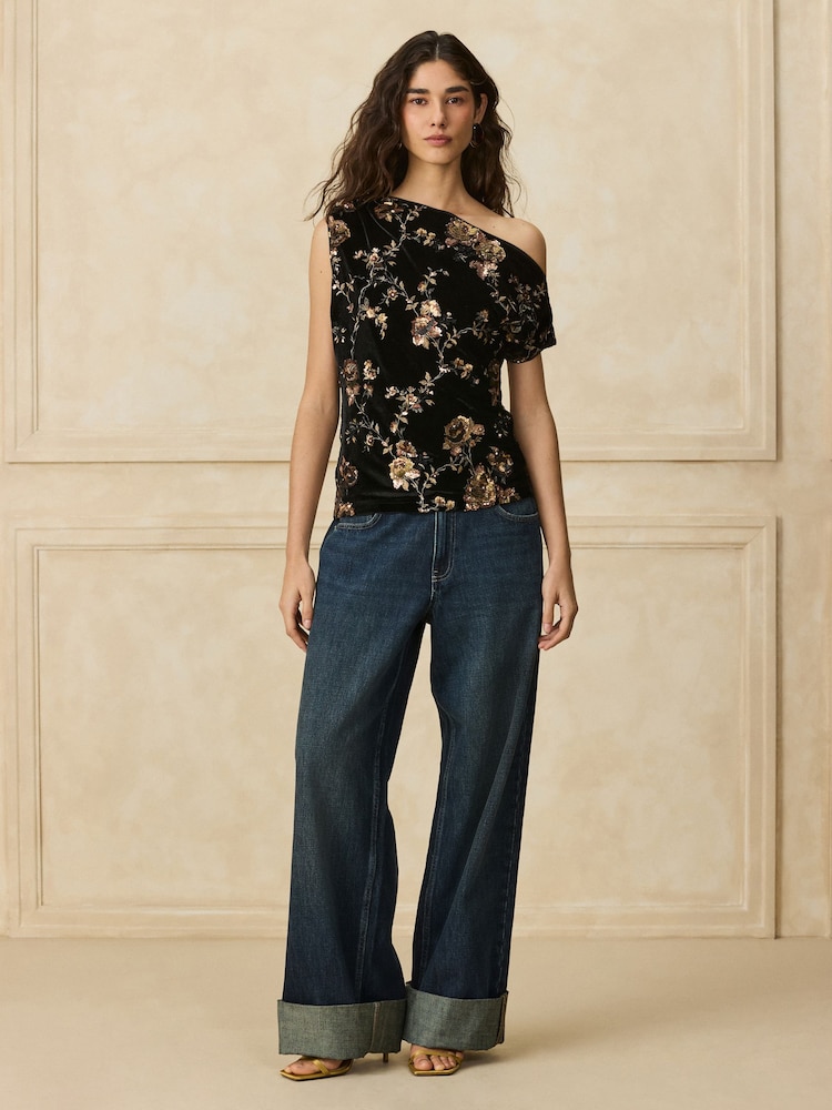 Black Sleeveless Floral Sequin Velvet Drape Top - Image 2 of 8