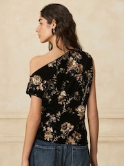 Black Sleeveless Floral Sequin Velvet Drape Top - Image 4 of 8