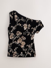 Black Sleeveless Floral Sequin Velvet Drape Top - Image 6 of 8