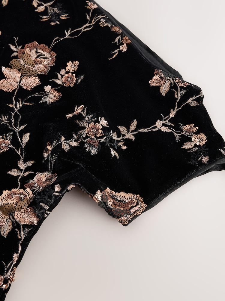 Black Sleeveless Floral Sequin Velvet Drape Top - Image 8 of 8