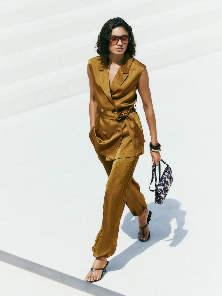 Friends Like These Olive Green Satin Longline Waistcoat - Image 1 of 6