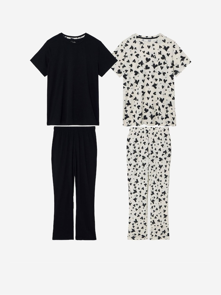 JD Williams Black/White Heart Print Pyjamas Set 2 Pack - Image 1 of 5