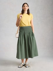 White Stuff Green Suri Shirred Midi Skirt - Image 1 of 6