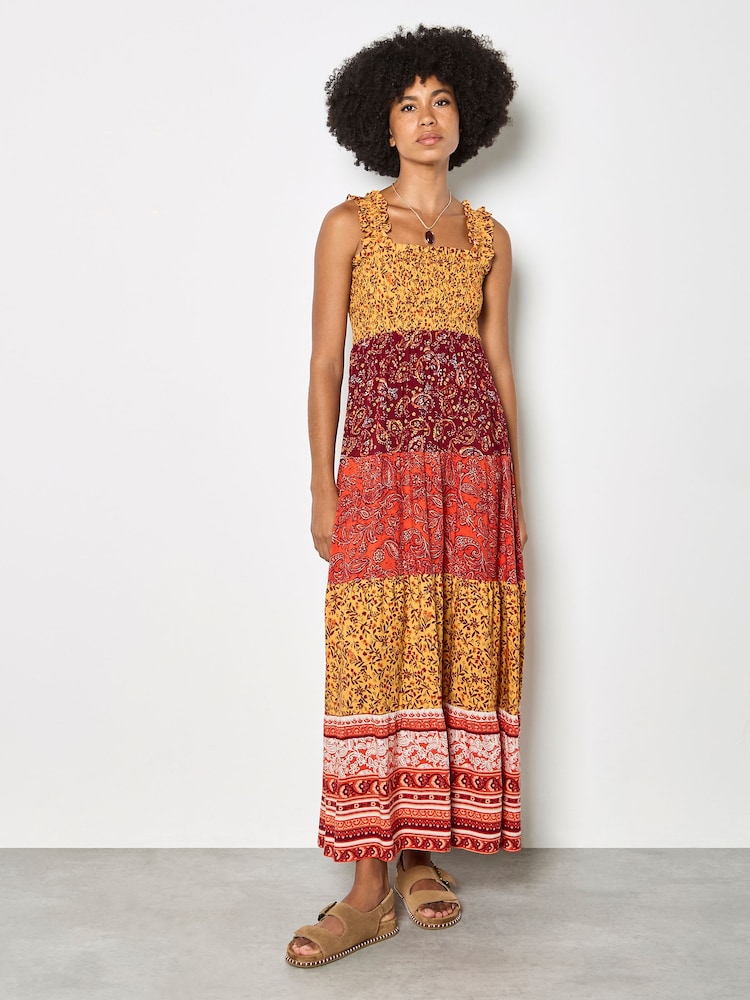 Apricot Orange Patchwork Floral Paisley Maxi Dress - Image 1 of 4