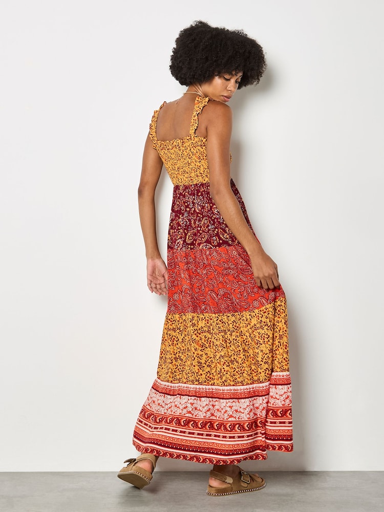 Apricot Orange Patchwork Floral Paisley Maxi Dress - Image 2 of 4