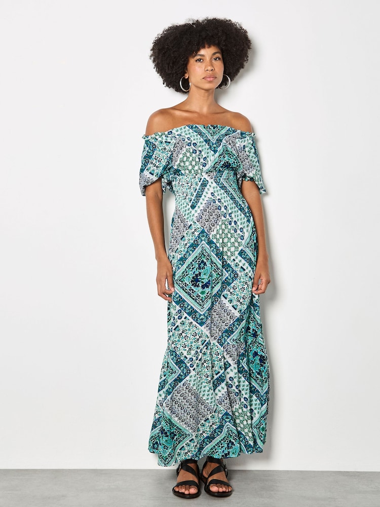 藍色 - Apricot Boho Folk Print Maxi Dress - 圖片 1/5