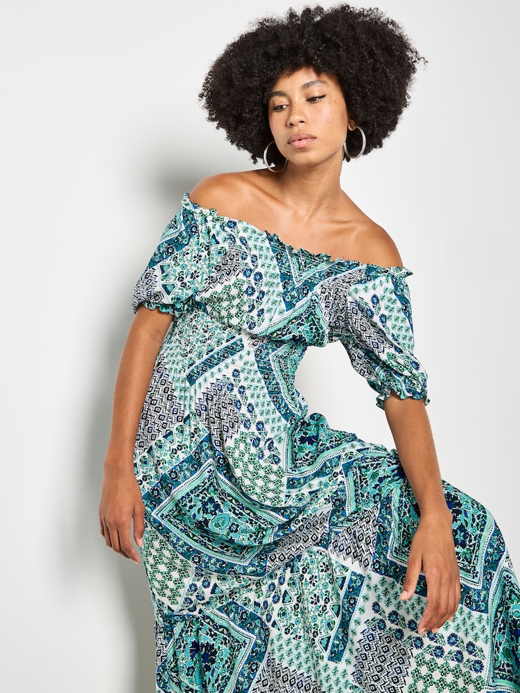 藍色 - Apricot Boho Folk Print Maxi Dress - 圖片 2/5