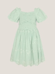 Monsoon Green Embroidered Puff Sleeve Smocked Dress - Image 1 of 3