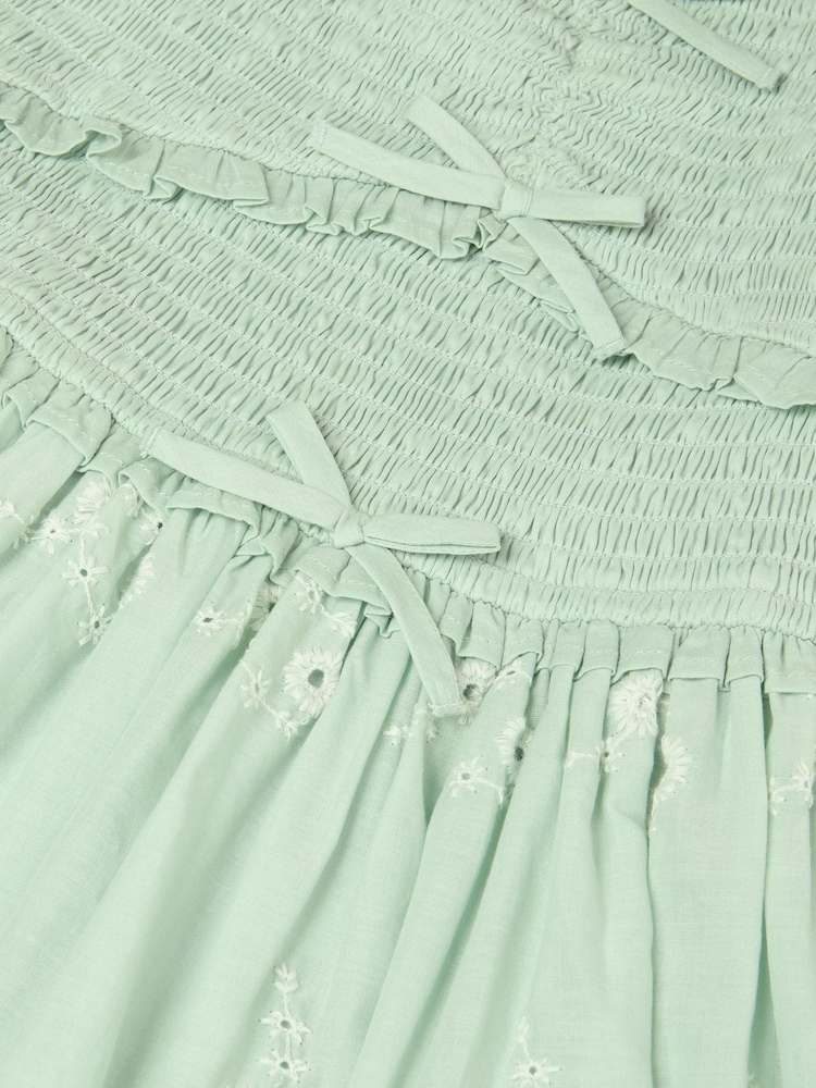 Monsoon Green Embroidered Puff Sleeve Smocked Dress - Image 3 of 3