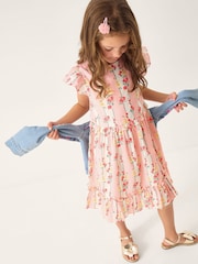 Monsoon Pink Frilly Floral Stripe Print Dress - Image 1 of 1