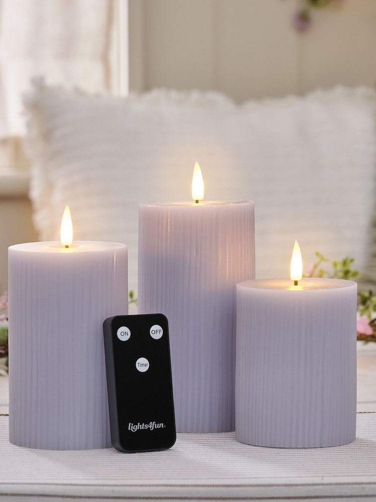 Lights4fun Set of 3 Ribbed Pillar Candles with Infrared RC - Image 2 of 6 Lights4fun Set of 3 Ribbed Pillar Candles with Infrared RC - Image 2 of 6