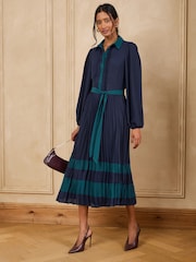 Love & Roses Navy Colourblock Pleated Belted Midi Shirt Dress - Image 1 of 5