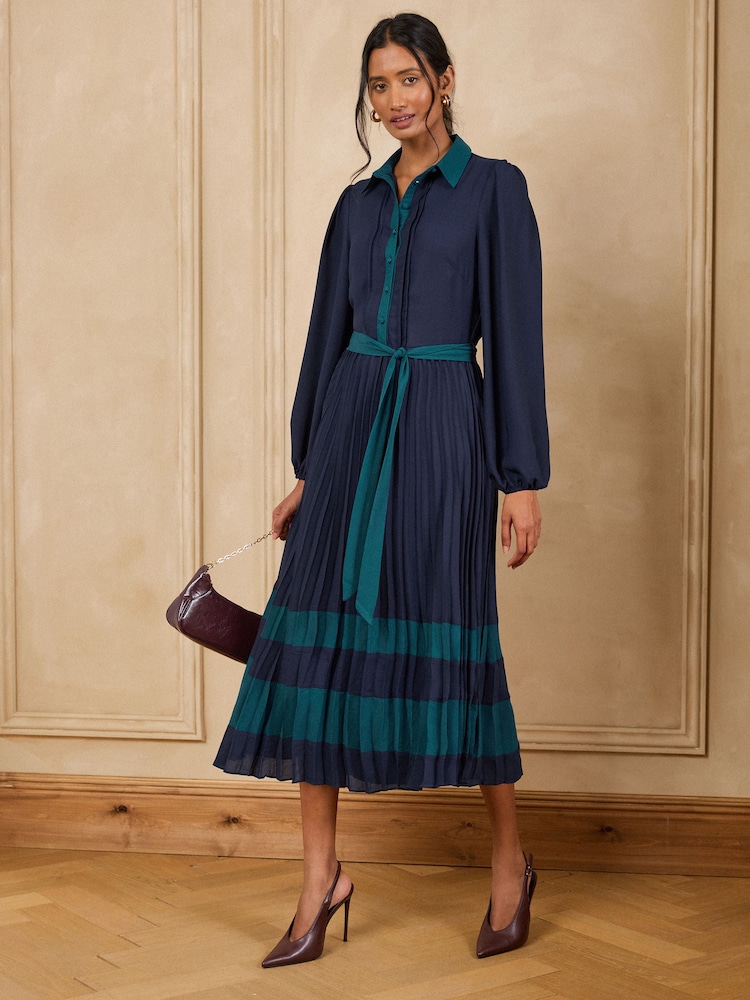 Love & Roses Navy Colourblock Pleated Belted Midi Shirt Dress - Image 1 of 5