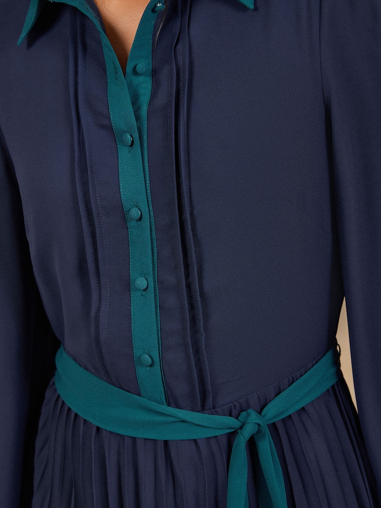 Love & Roses Navy Colourblock Pleated Belted Midi Shirt Dress - Image 2 of 5