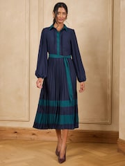 Love & Roses Navy Colourblock Pleated Belted Midi Shirt Dress - Image 3 of 5