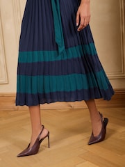 Love & Roses Navy Colourblock Pleated Belted Midi Shirt Dress - Image 4 of 5