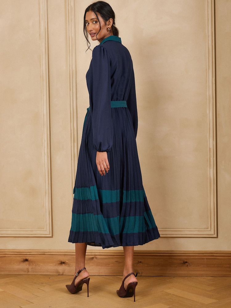 Love & Roses Navy Colourblock Pleated Belted Midi Shirt Dress - Image 5 of 5