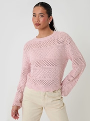 Threadbare Pink Long Sleeve Pointelle Crochet Knit Jumper - Image 1 of 4