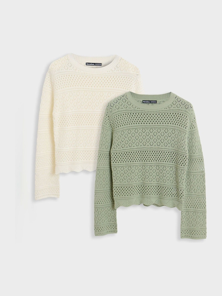Threadbare Green Long Sleeve Pointelle Crochet Knit Jumpers 2 Pack - Image 1 of 5