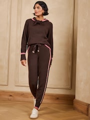 Love & Roses Chocolate Brown Striped Detail Cosy Knitted Tie Front Joggers - Image 1 of 4