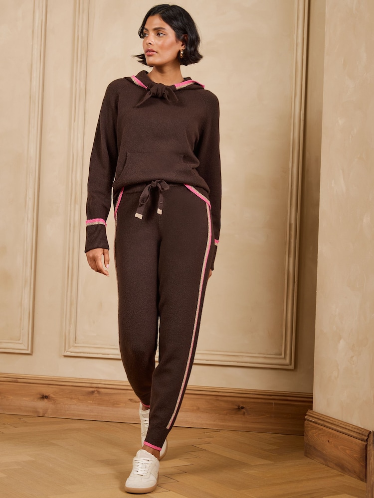 Love & Roses Chocolate Brown Striped Detail Cosy Knitted Tie Front Joggers - Image 1 of 4