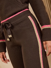 Love & Roses Chocolate Brown Striped Detail Cosy Knitted Tie Front Joggers - Image 3 of 4