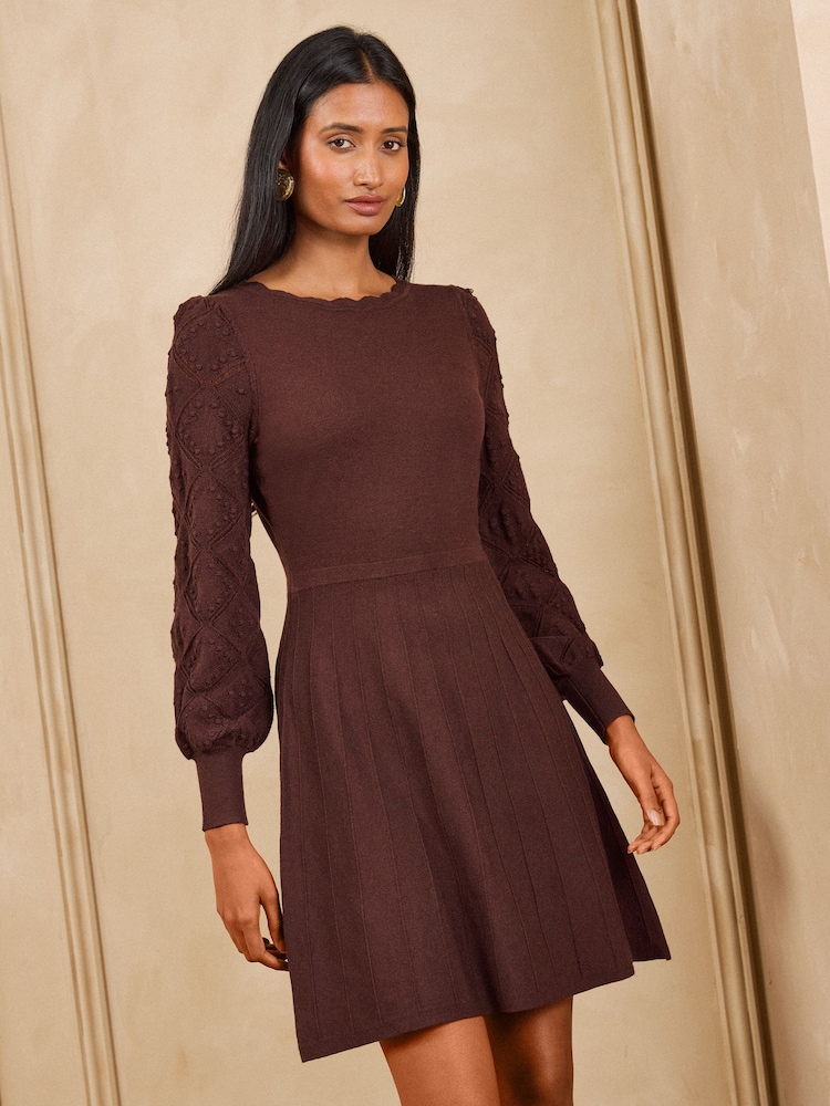 Love & Roses Chocolate Brown Slash Neck Scalloped Knitted Mini Dress - Image 1 of 4