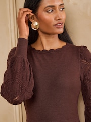 Love & Roses Chocolate Brown Slash Neck Scalloped Knitted Mini Dress - Image 2 of 4