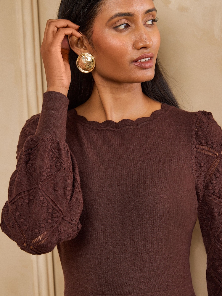 Love & Roses Chocolate Brown Slash Neck Scalloped Knitted Mini Dress - Image 2 of 4