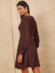 Love & Roses Chocolate Brown Slash Neck Scalloped Knitted Mini Dress - Image 4 of 4